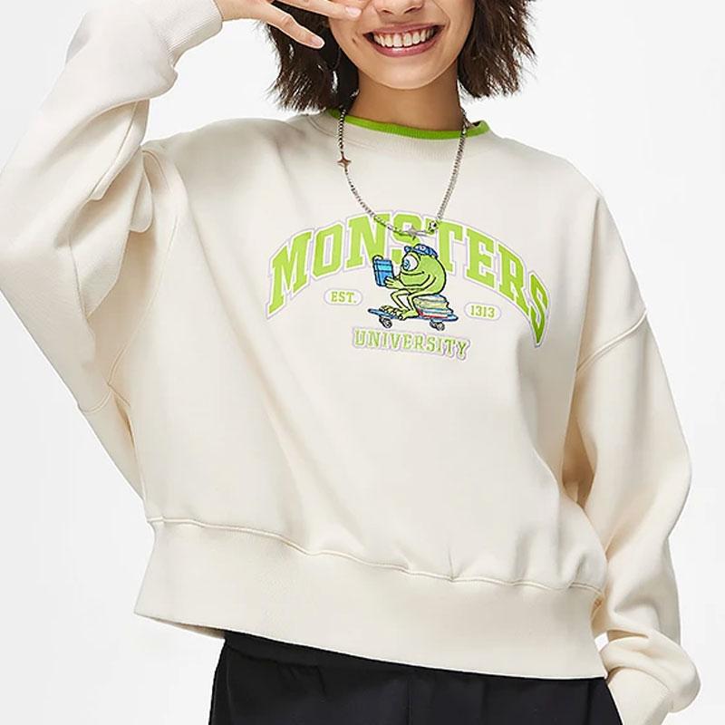 Li Ning X Disney Monsters University Collaboration Letter Cartoon Print Fleece Warm Loose Pullover Sweatshirt Women Sweatshirt Off-White AWDT808-1