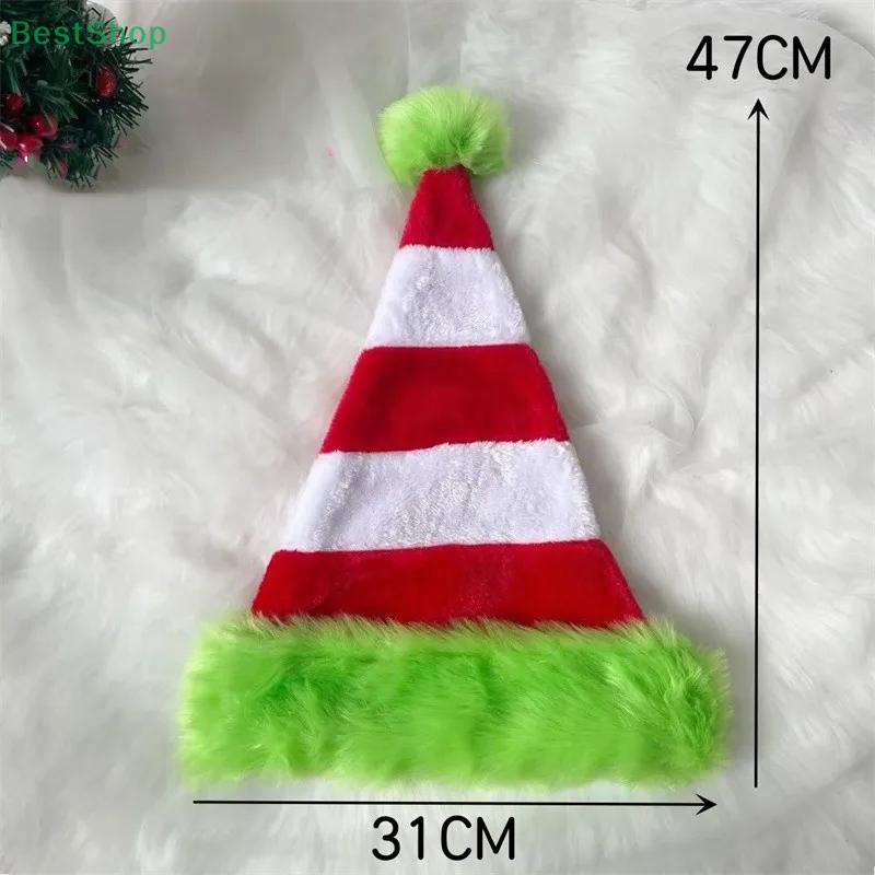 Christmas Santa Hat - Red & White Faux Fur Holiday Hat with Bright Green Trim Festive Party Costume Accessory