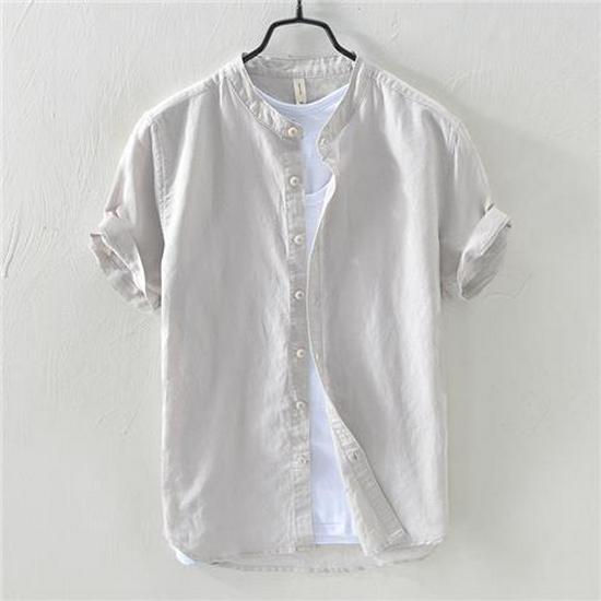 Men's Dark Blue Stand-Up Collar Linen Shirt: Short-Sleeved, Retro, Breathable, Casual, Japanese Style