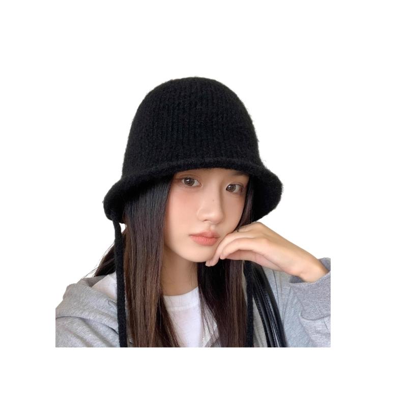 

Thick Yarn Knitted Bucket Hat Korean Styles Ribbed Brims Ear Protective Fisherman Hat For Women Girl Cold Weather Warmth чорний