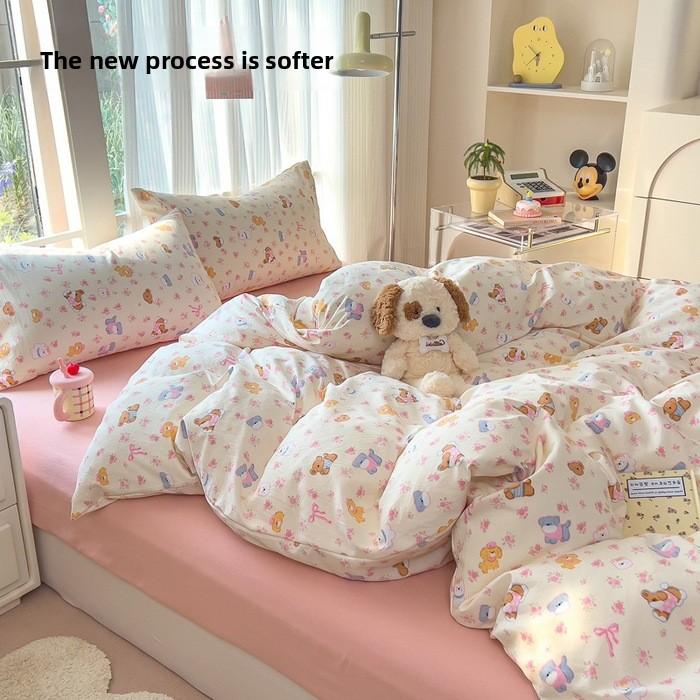 A-class cotton wash set, four-piece set with double-layered gauze bedsheet, duvet cover, and bed skirt, suitable for all seasons