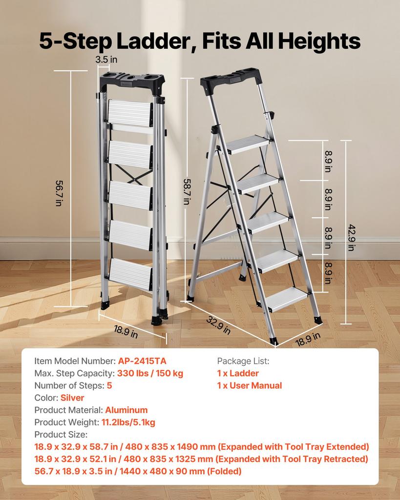 VEVOR Scala a 5 gradini, Sgabello pieghevole con pedale antiscivolo largo e maniglia comfort, Scala a pioli portatile in alluminio con capacità 150 kg