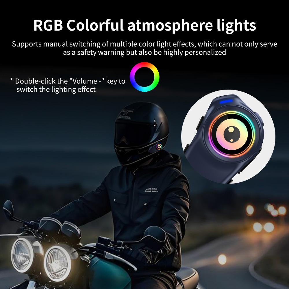 Motorcycle Helmet Bluetooth Intercom with 30H Battery Life and RGB Safety Light