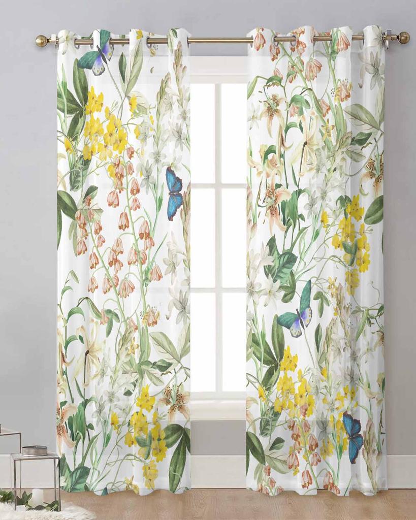 Pflanzen Blumen Blätter Schmetterling Transparente Vorhänge zur Wohnzimmerdekoration Fenstergardinen Küche Tüll Voile Organza Vorhänge