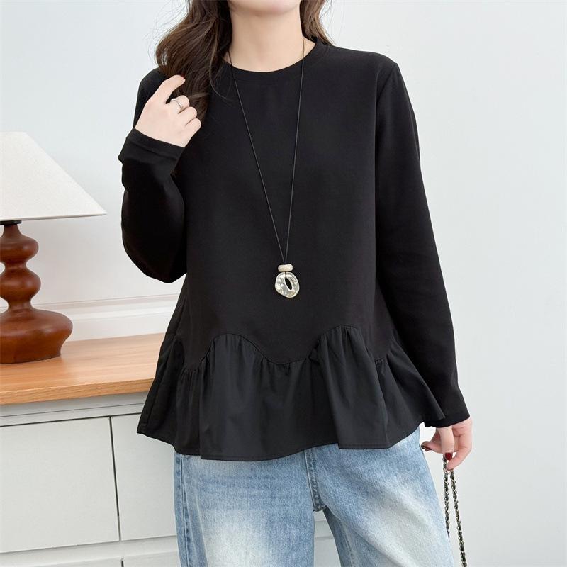 Women's Plus Size Ruffle Hem Long Sleeve Top - Spring 2026 Slimming Base Layer T-Shirt