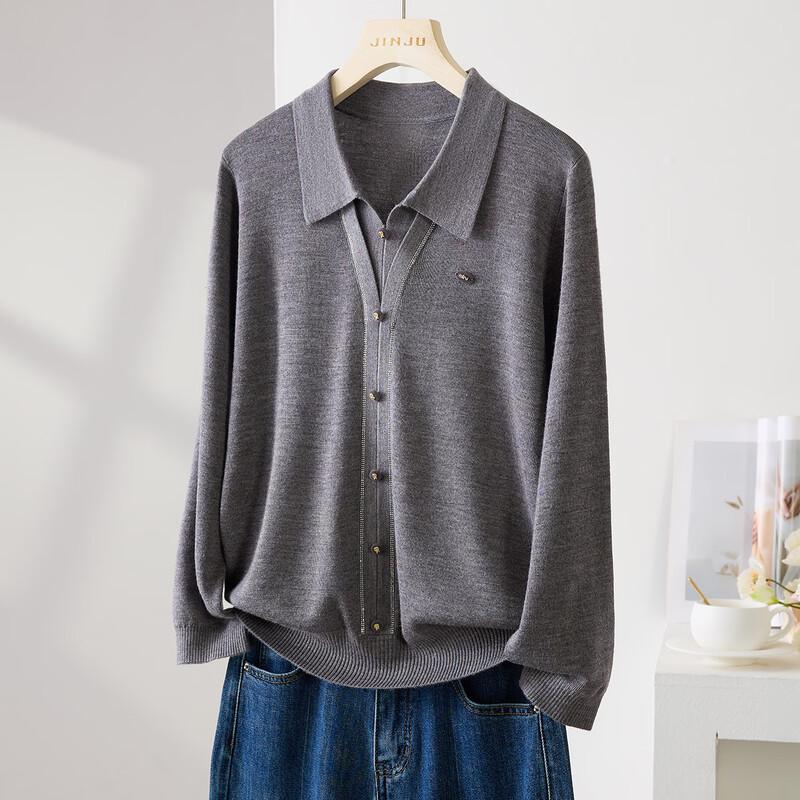 Women s Elegant Polo Knit Faux Two-Piece Sweater with Wool XL