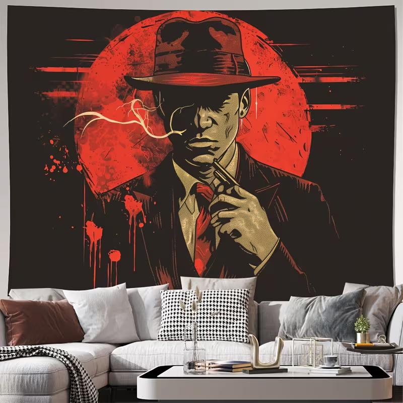 

2D Stylish Mafia Man Wall Hanging, Retro Red Sun Noir Tapestry for Living Room 47.2x31.5inch/120*80cm