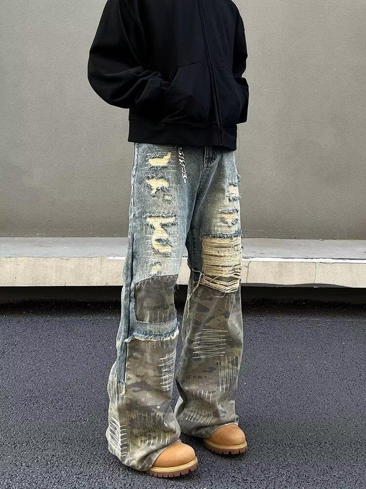 JYL Unisex Straight Jeans European Camo Patch Ripped Spring New Heavy Denim XL
