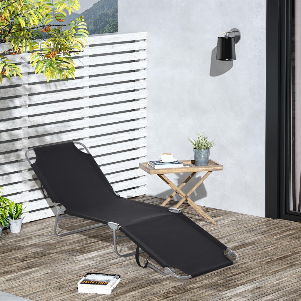 Sun Lounger Foldable Adjustable Backrest Stainless Steel Metal Frame 187 X 55 X 24 Black