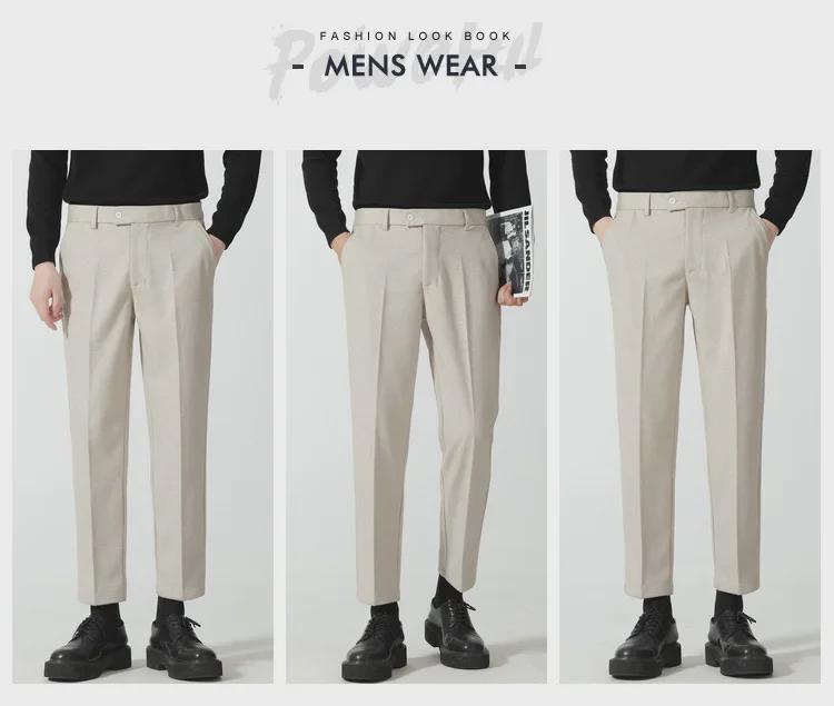 Men’s Casual Woolen Nine-Point Trousers - Autumn Business Loose Fit, Solid Color, Trendy Design.