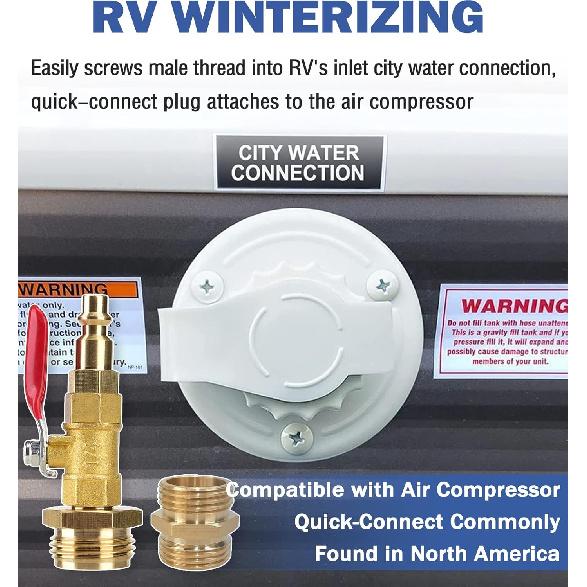 RV Winterizing Kit, RV Blowout Adapter With Shut Off Valve, Sprinkler Blowout Adapter With Quick-Connect Plug To 3/4 Garden Hose, Camper Winterize