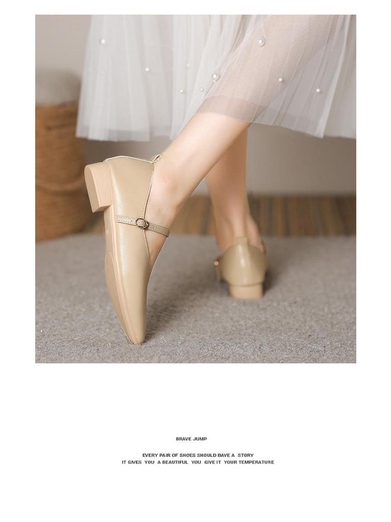 2023 Retro Low-Heeled Mary Jane Shoes: Square Toe, Soft Leather, Shallow-Mouth with Buckle Design for Women