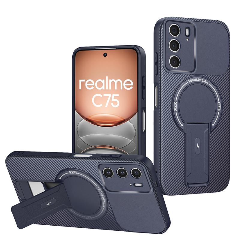 For Realme C75 Carbon Fiber Magnetic Soft Silicone Case For Realme C75 Kickstand Heavy Duty Drop Protection Cover C75 4G Cases