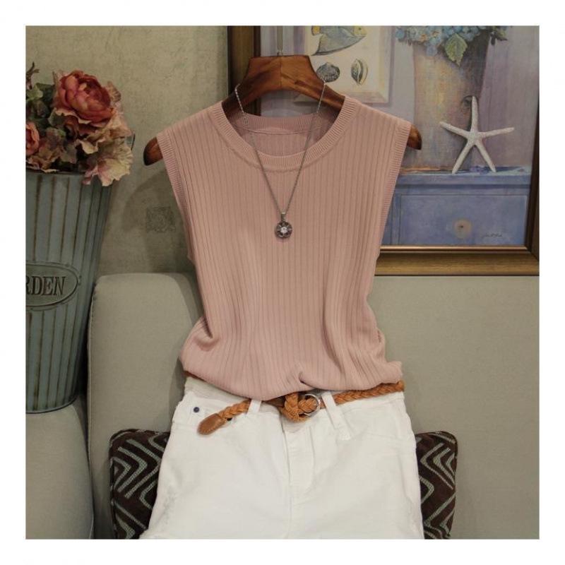 Women's Plus Size Ice Silk Round Neck Tank Top - Summer Korean Style Sleeveless Versatile Base Shirt