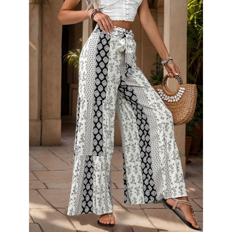 Casual Vacation Style Lace-up Geometric Floral Print Wide-leg Pants for Women