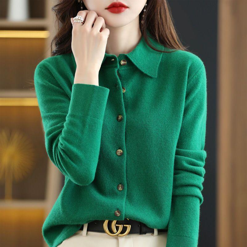 Spring Autumn Women's Wool Cardigan Solid Color Polo Collar Knitted Cardigan Long Sleeve Slim Fit Stretch Wool Cardigan