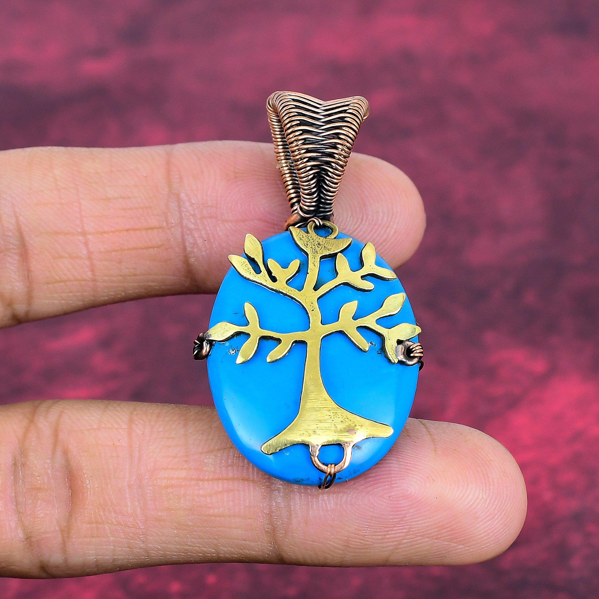 Tree Of Life Sleeping Beauty Turquoise Pendant Copper Wire Wrapped Gemstone Pendant Handmade Jewelry