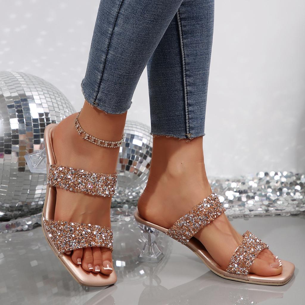 Summer new rhinestone wine glass with square head strap, wear high-heeled cool slippers