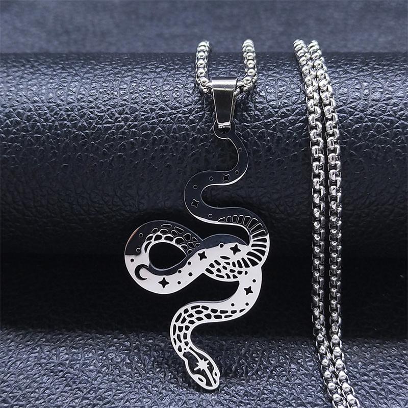 Witchcraft Snake Stainless Steel Necklace Women/Men Silver Color Witch Star Moon Necklace Gothic Jewelry collares hombre N3545