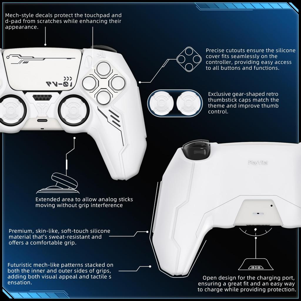 Silicone Cover for PlayVital Mecha Edition PS5 Improved Compatible with Charging Thumb Cap and Sticker Included Controller, Shockproof, Anti-slip