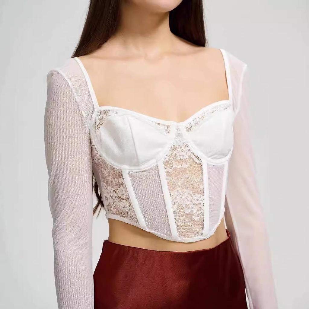 European & American Street Fashion Mesh Lace Slim Square Collar Long-Sleeved Top for Women