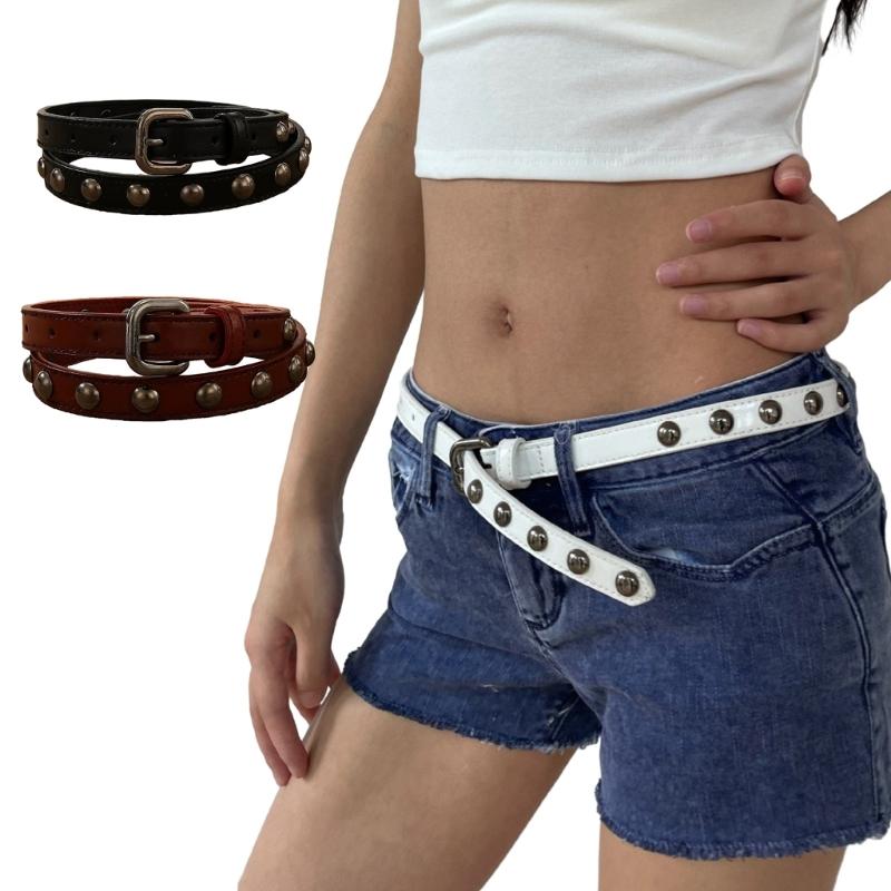 PU Leather Waist Belt with Pin Buckle Harajuku Rivet Waist Belt Woman Girls Jeans Dresses Skirt Coat Thin Waistband