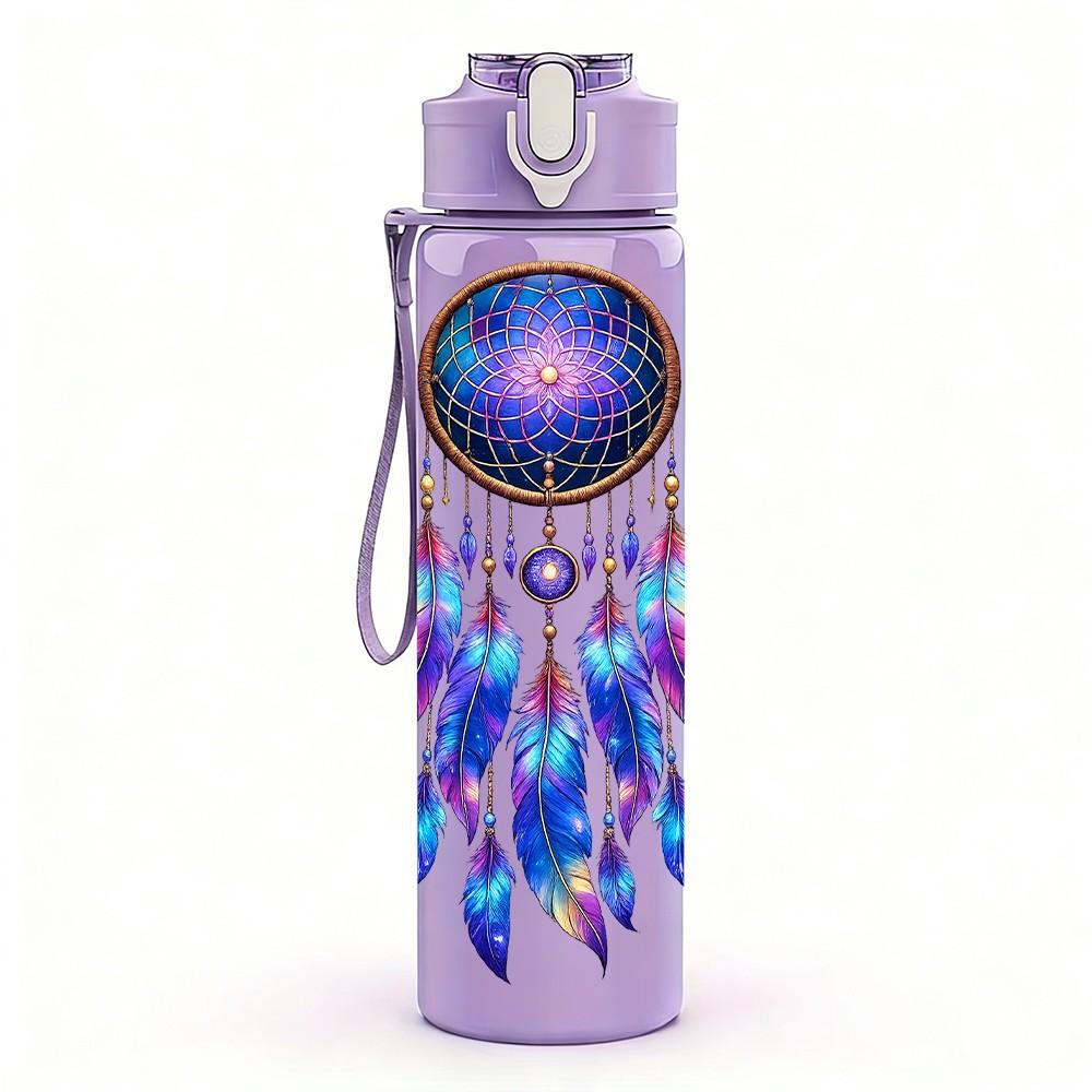 1PC Boho Feather Dreamcatcher Art Print 750ml Color Plastic Sports Water Bottle Leakproof Flip Straw Lid Suitable for Sports Office Home Use
