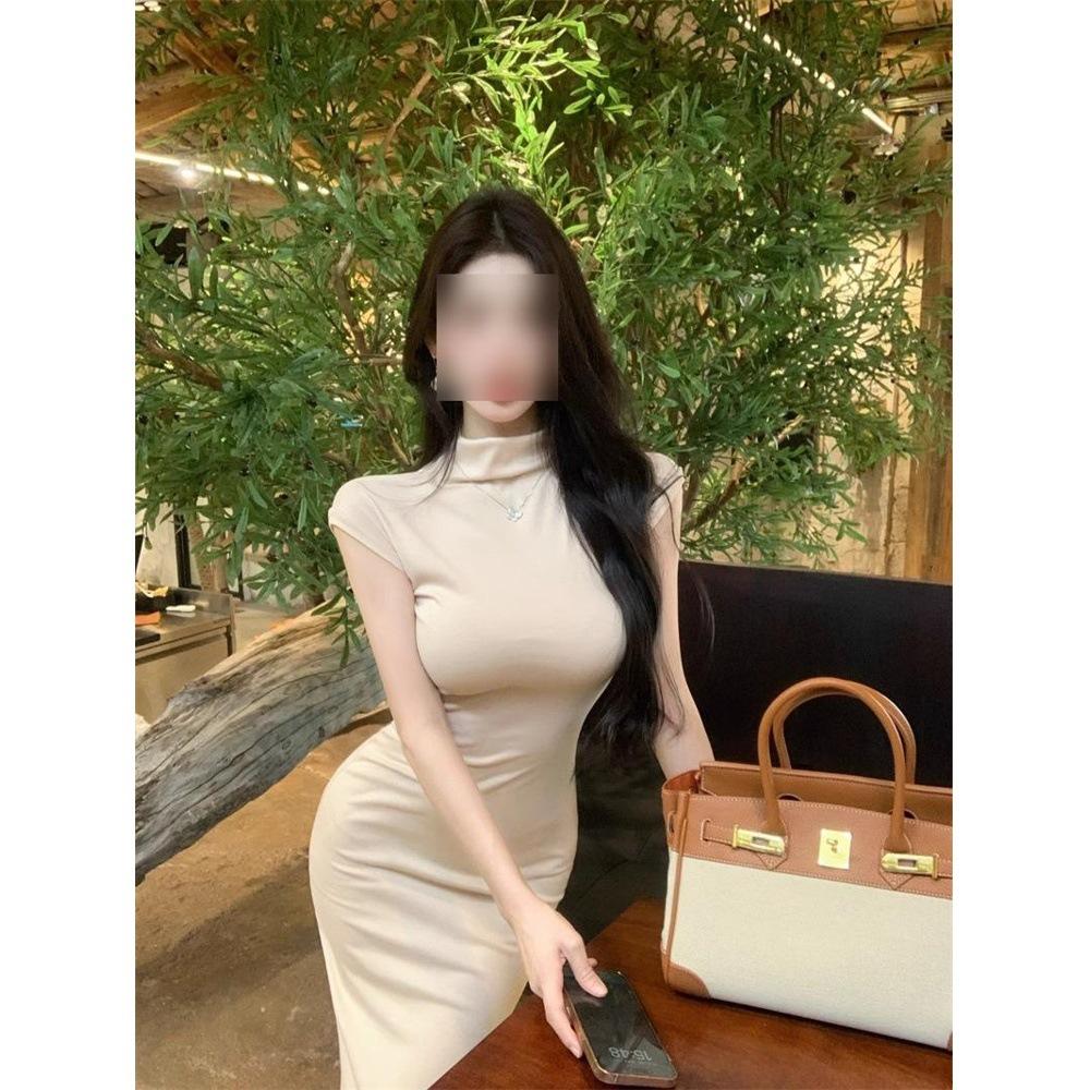 Simple and generous semi-turtleneck dress women's summer temperament fashion tight fishtail hip-wrapped long skirt