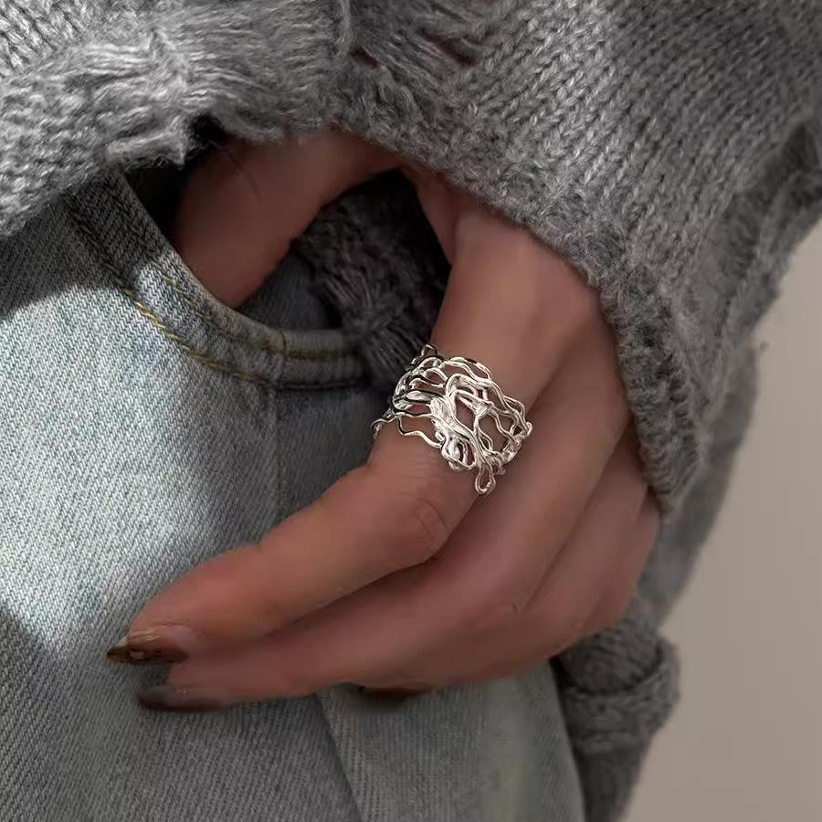 Sam Panda 925 Rings for Women Simple Geometric Handmade Irregular Retro Ring Gold Zircon Allergy For Birthday Gift