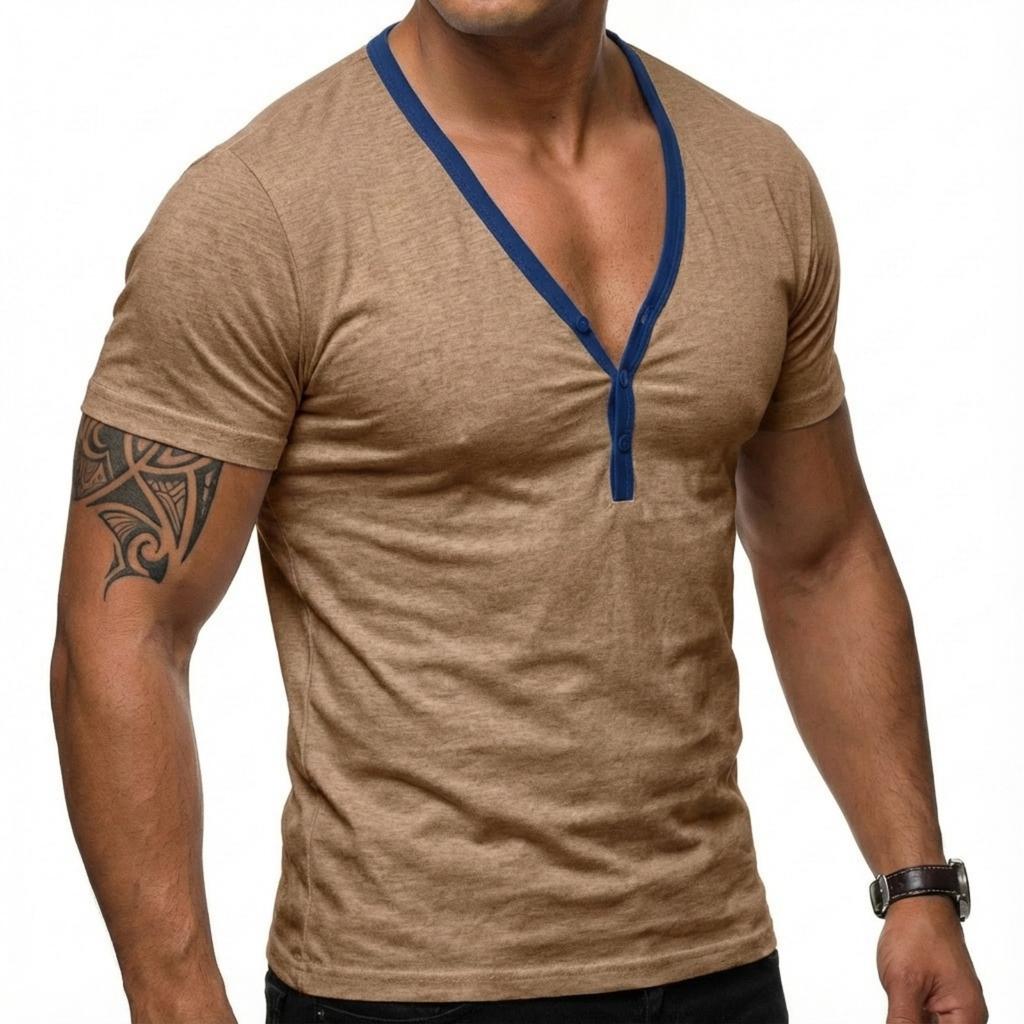 Men's Casual Base Layer Sportswear, Men's Color-blocked Low-cut V-neck Short-sleeved T-shirt Top