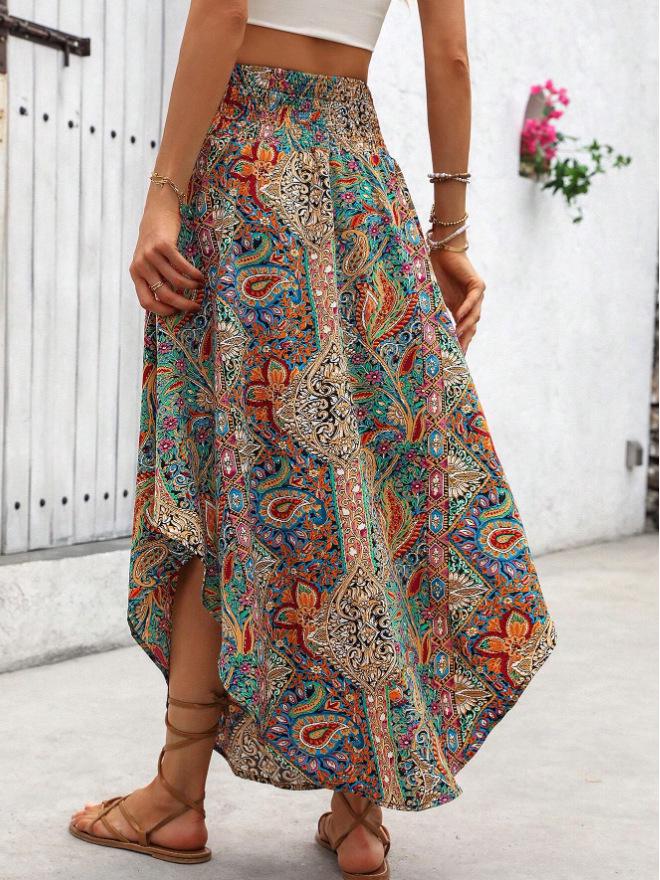 Bohemian Style Flowy Mid-Length Skirt with Personality Print for Summer Vacation