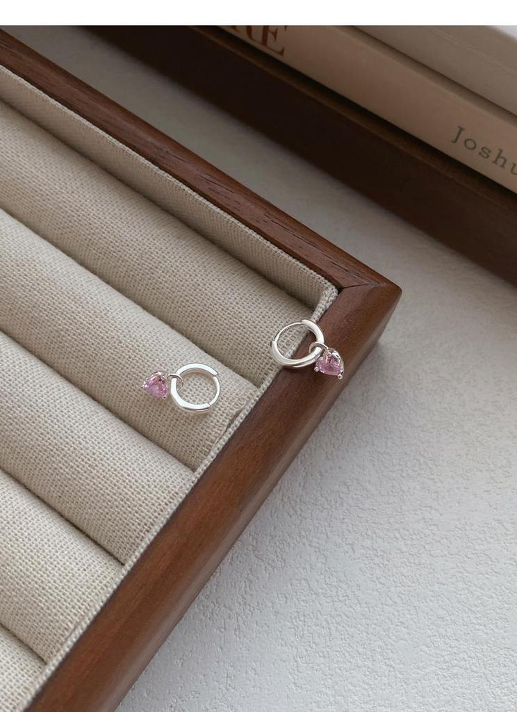 S999 Sterling Silver Pink Heart Zircon Pendant Earrings for Women - Simple Exquisite Design