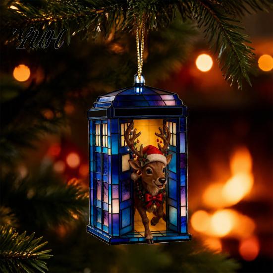 Acrylic Christmas Tree Ornaments Blue Glass House Hanging Ornament, Double Side Special Animal Theme Printed Decor Pendant, Festive Holiday
