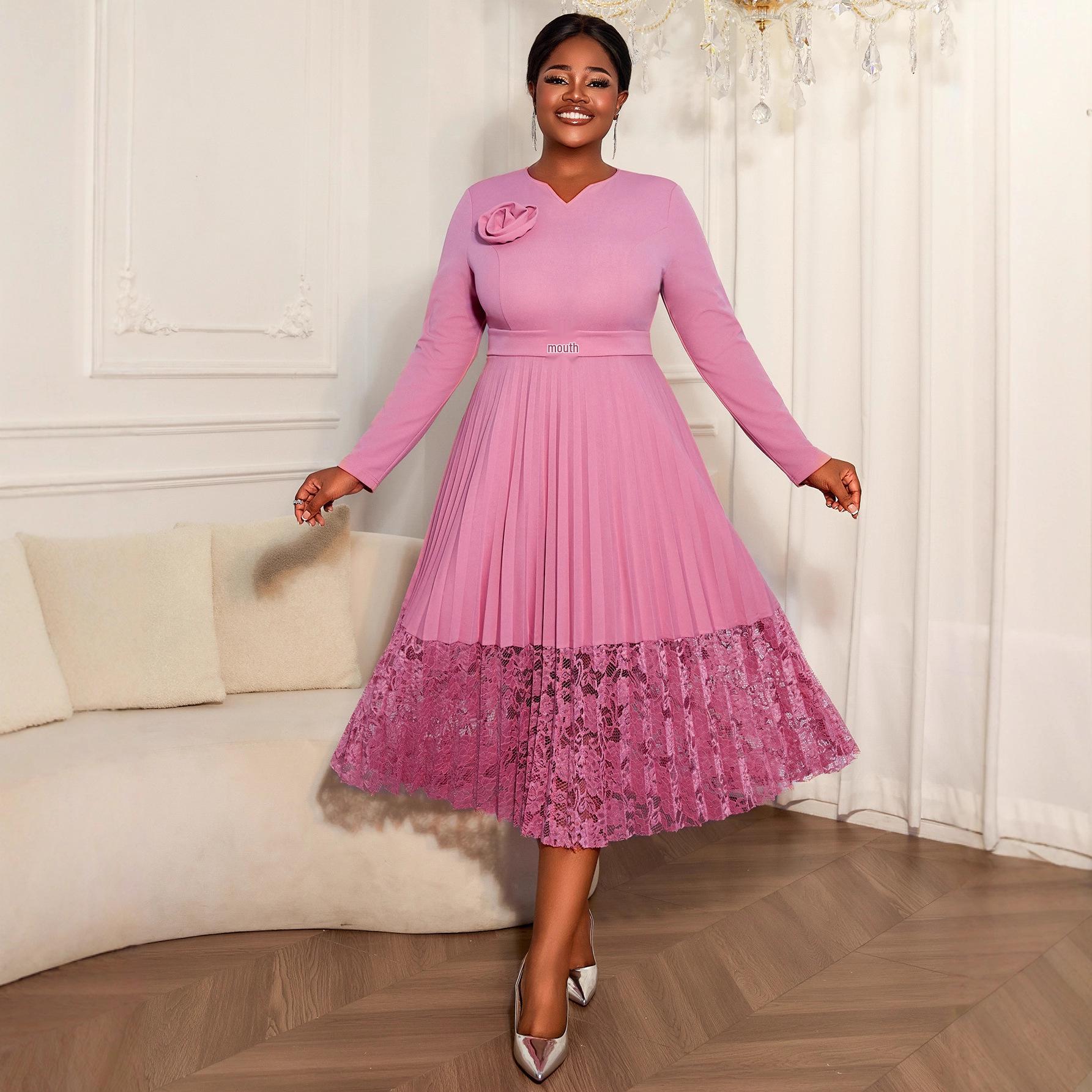 

Plus Size Women s Elegant Light Purple V-neck Long Sleeve Pleated Lace Dress 0XL