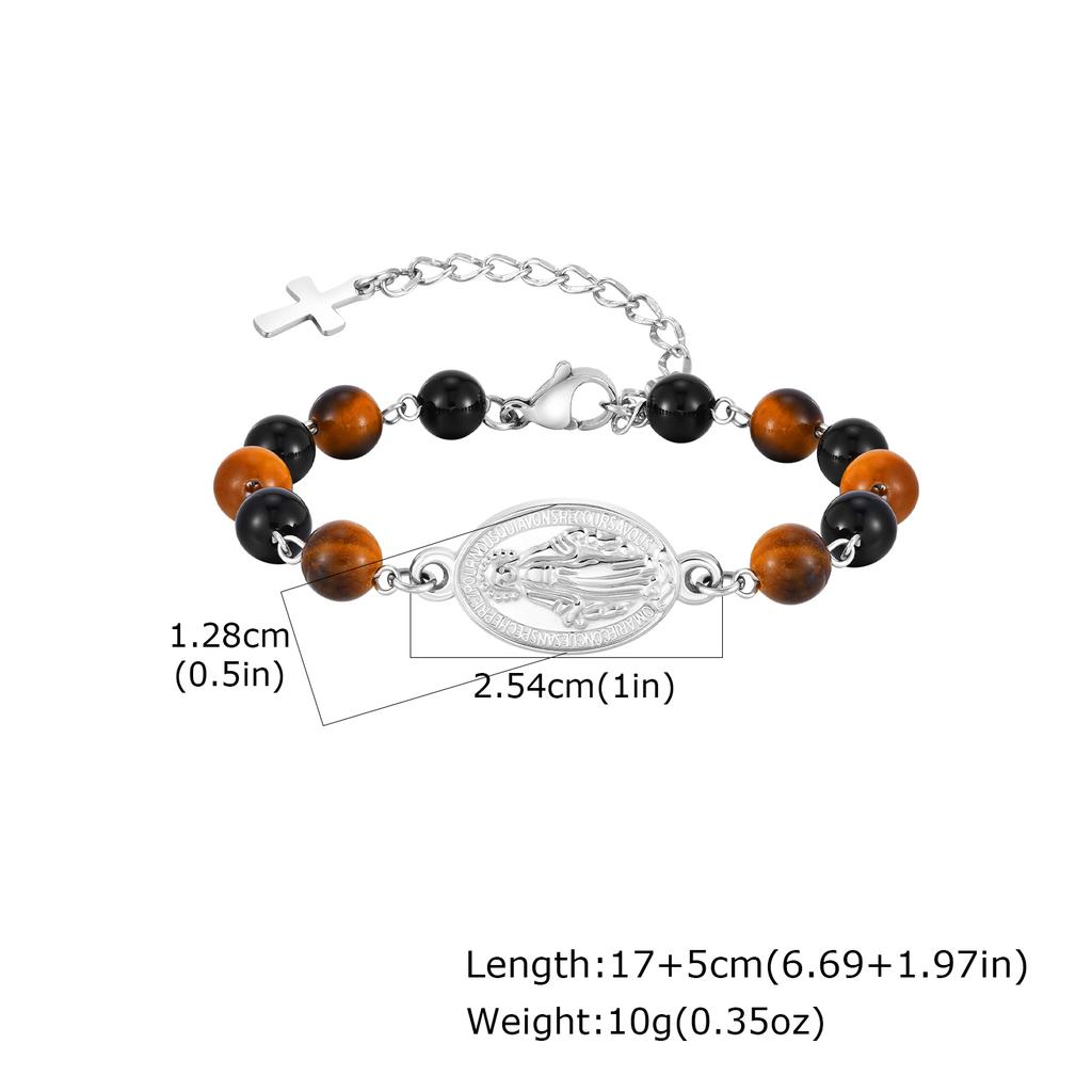 Trendy Stainless Steel Virgin Mary Cross Pendant Tiger Eye Stone Black Agate Natural Stone Bracelet for Men Classic Jewelry