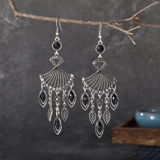1 Pair Dangle Earrings Bohemian Retro Ethnic Style Long Tassel All-match Decoration Faux Crystal Women Hollow Fan-shaped Drop Earrings