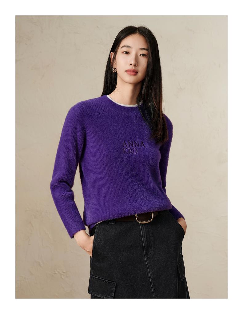 Jiuzi Anna Kou Simple Two Tone Thick Round Neck Knitted Loose Knitted Sweater for Women's 2024 Autumn New Collection