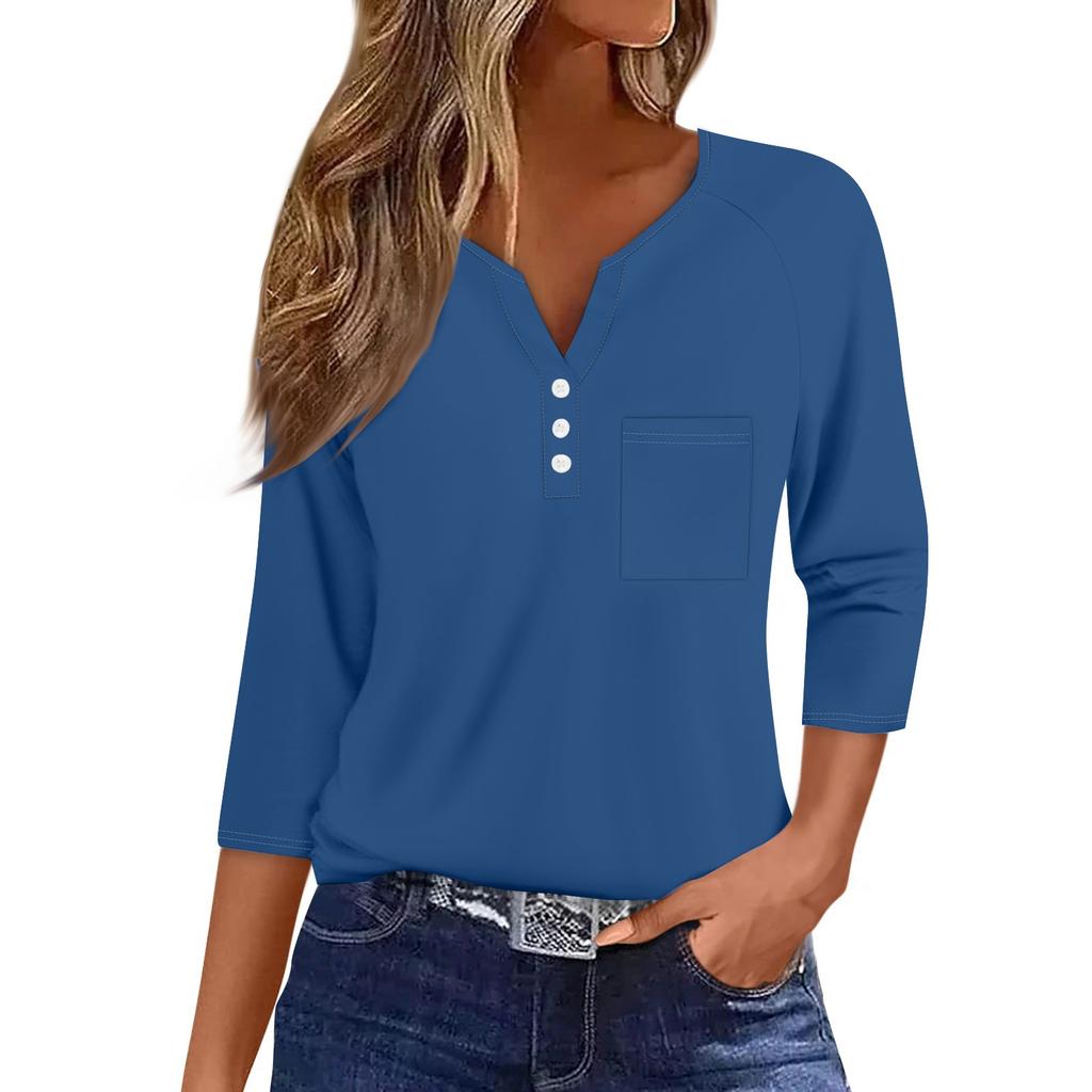 Ladies Casual Fashion V-neck Loose Versatile Color Printed Three-quarter Sleeves