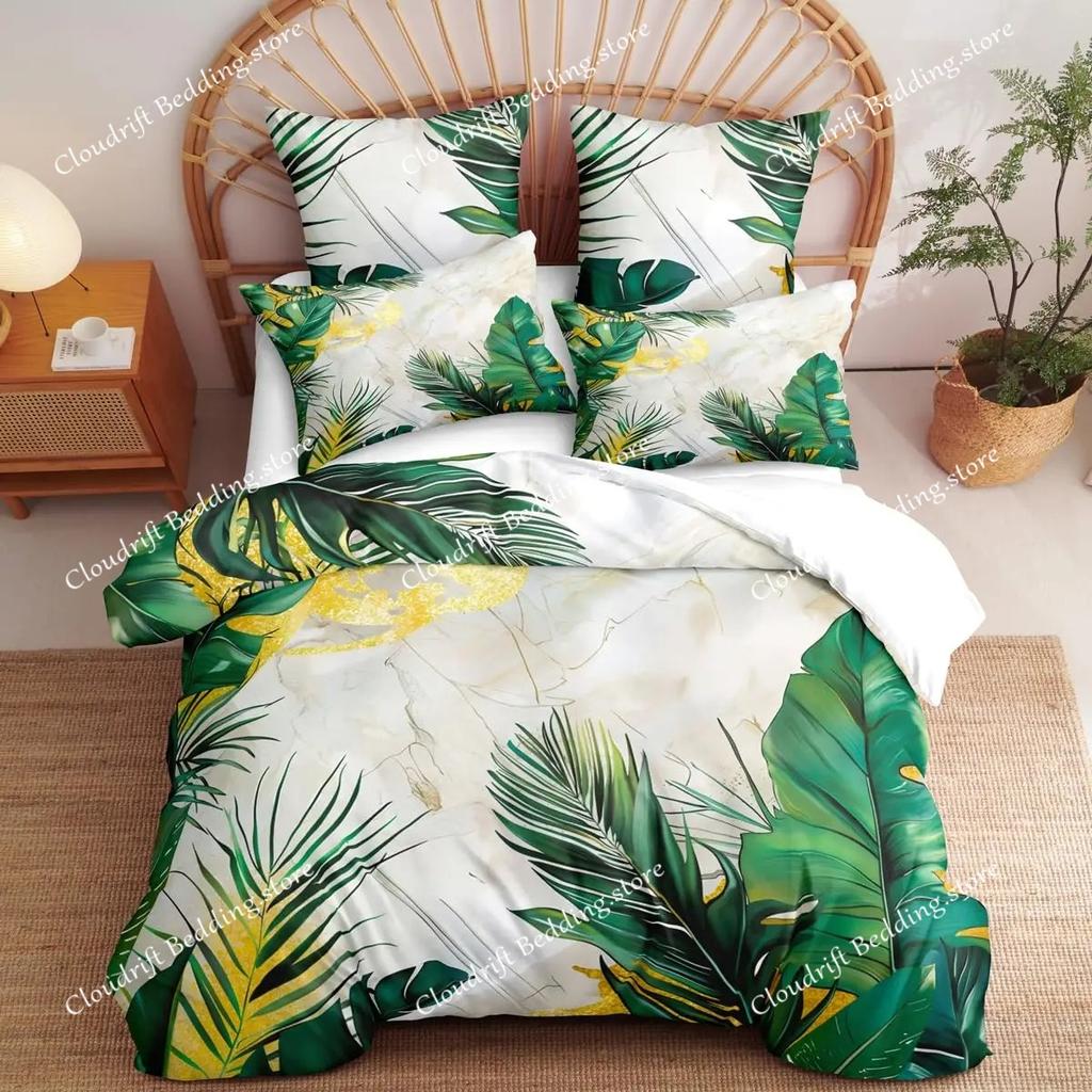 Dekbedovertrek met palmbladeren Monstera blad dekbedovertrekken Tropische groene bladeren Beddengoedset Wit marmer dekbedovertrek Voor mannen vrouwen