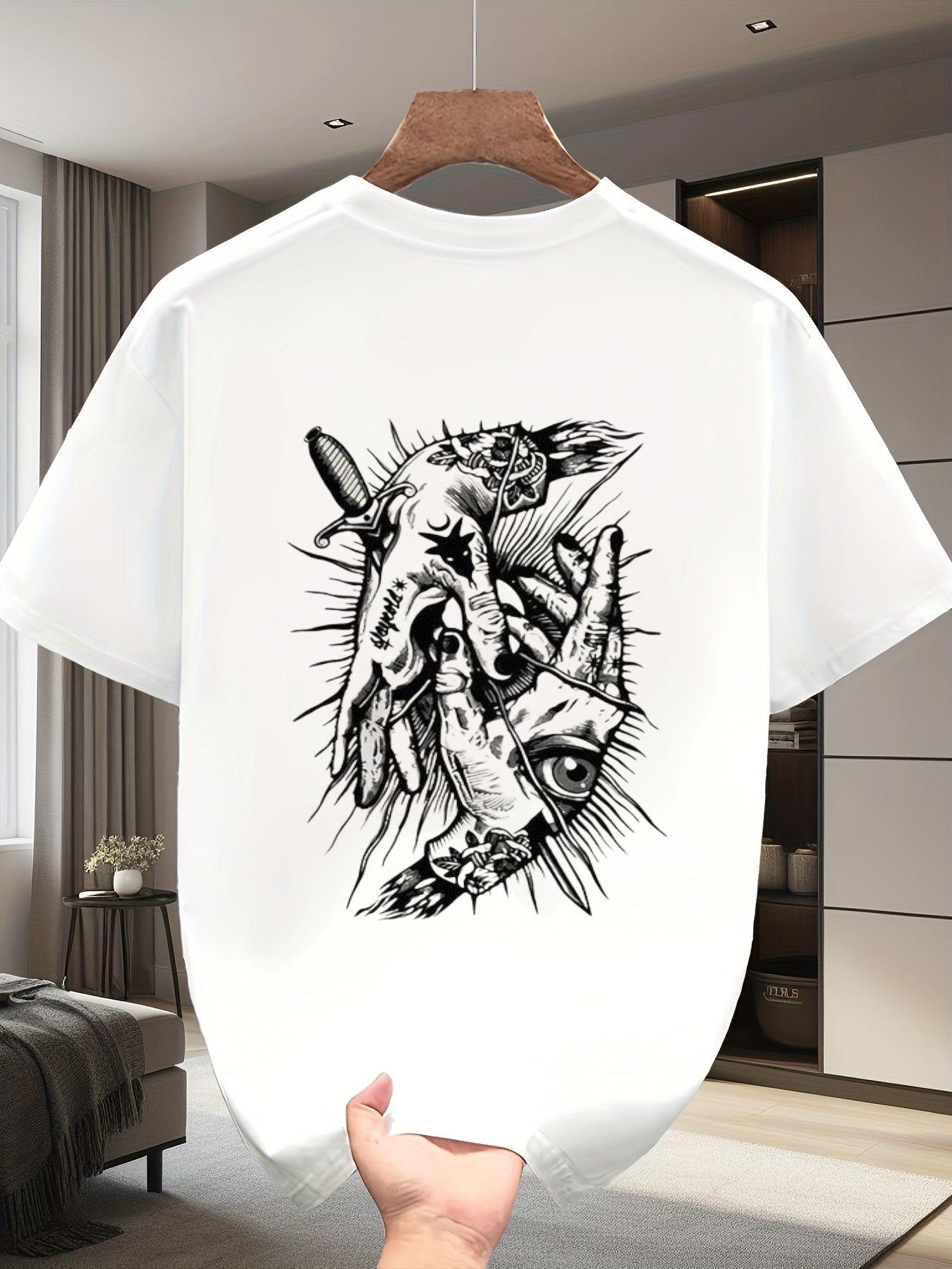 

Distinctive Dark-Themed Graphic Tee Featuring Edgy Intertwined Hands, a Dagger, And an All-Seeing Eye Design. This Unisex Loose-Fit Crew Neck Shirt Is 5XL різнокольоровий