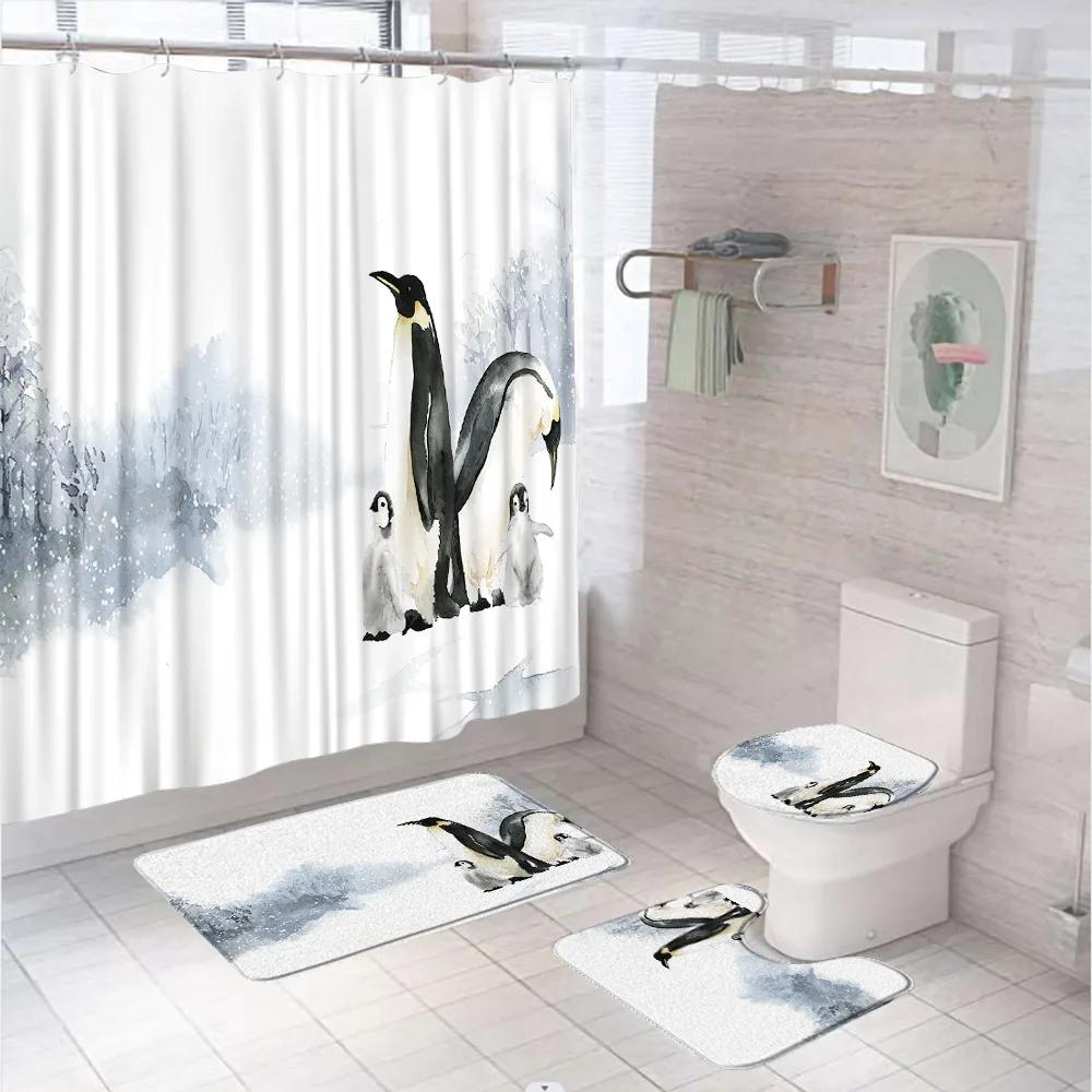 Funny Penguin Shower Curtain Set Animal Antarctic Ice Field Nature Blue Sky Bathroom Curtains Non-Slip Bath Mat Rug Toilet Cover