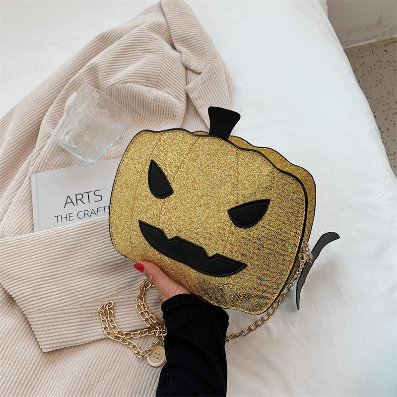 

Pumpkin bag Halloween new sequined chain bag cartoon devil bag little monster face crossbody shoulder bag золотой