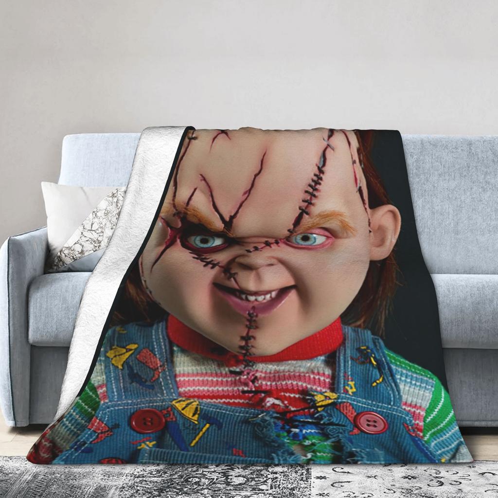 Chucky Horror Movie Knitted Blanket Childs Play Halloween Fuzzy Throw Blanket Home Couch Personalised Soft Warm Bedspread