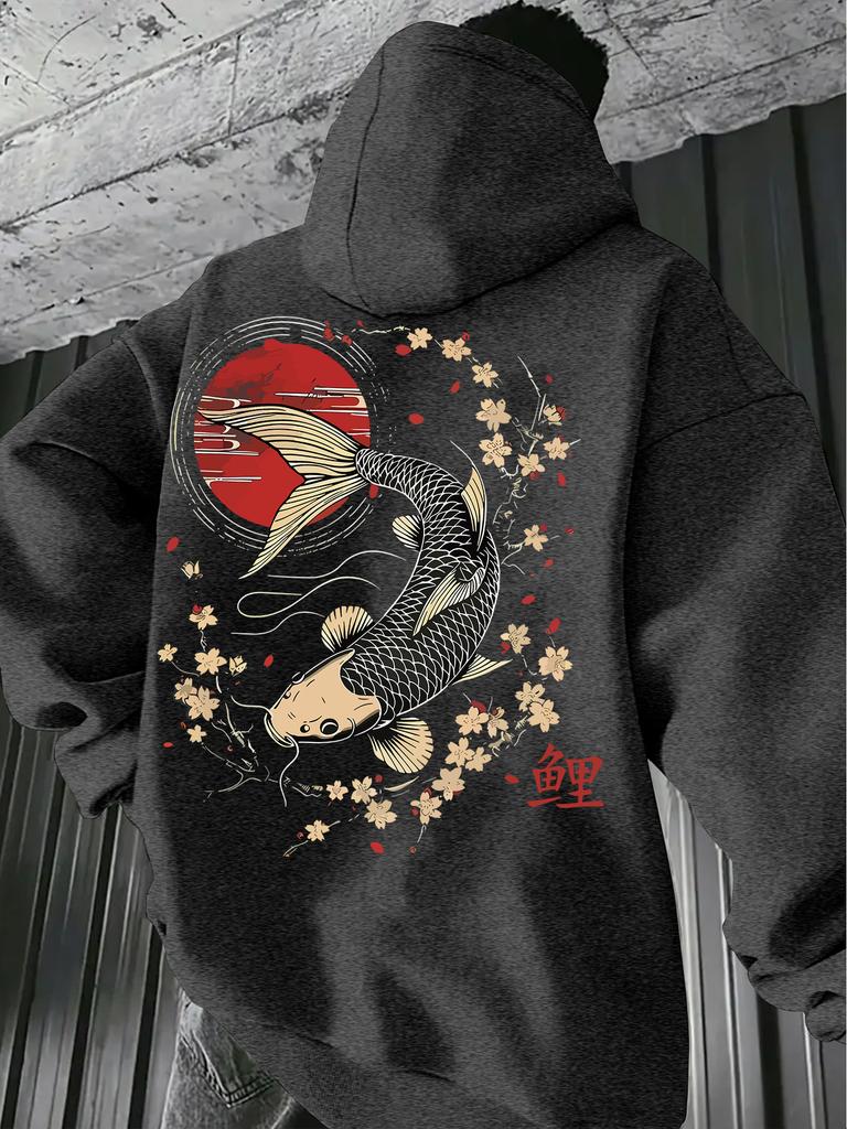 Felpa Sportiva Hip Hop alla Moda per Bambini, artwork di carpa orientale, silhouette rilassata per l'uso quotidiano di ragazzi e ragazze.