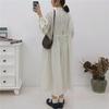 Johnature Women Emboridery Floral Vintage Linen Loose Dress Autumn Solid Color Ruffles Full Sleeve Female Dresses