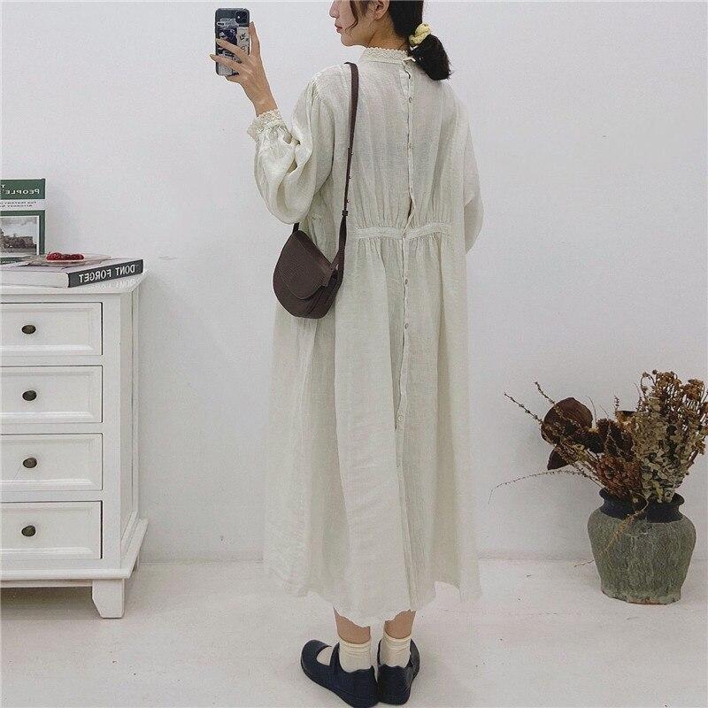 Johnature Women Emboridery Floral Vintage Linen Loose Dress Autumn Solid Color Ruffles Full Sleeve Female Dresses