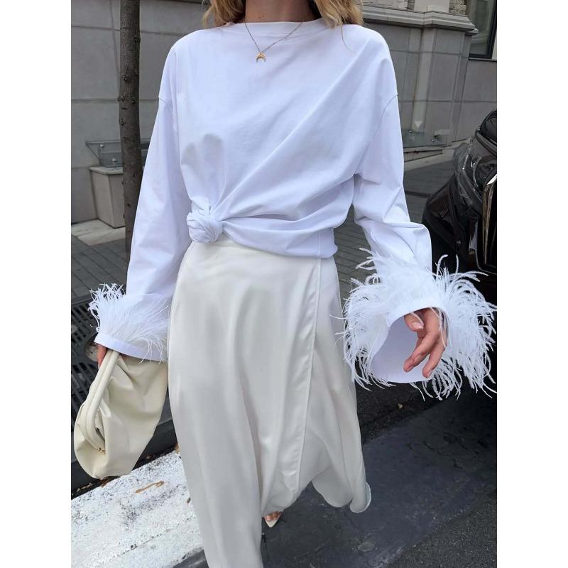 Women S Oversize Long Sleeve T Shirt With Flared Cuffs Fur Trim