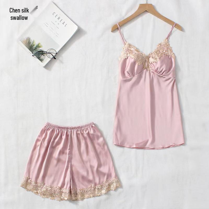 

Жіночий літній шовковий піжамний комплект: Комплект з 5 предметів: кофта з довгим рукавом, майка з мереживною обробкою, шорти та штани XL