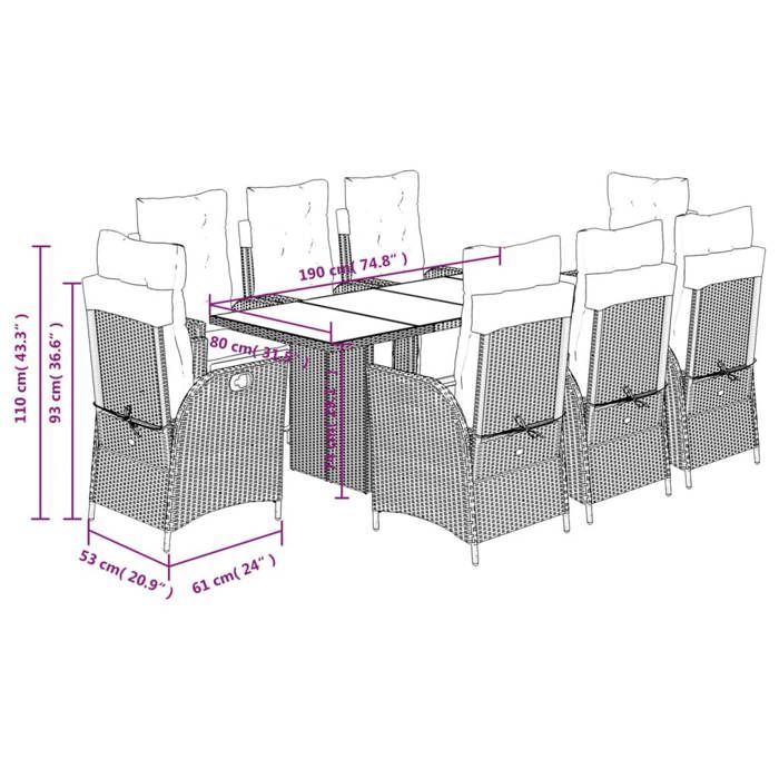 VidaXL Ensemble à Manger de Jardin avec Coussins 9 pcs, Table et Chaises avec Dossier Réglable, Meubles d'Extérieur, 3213363