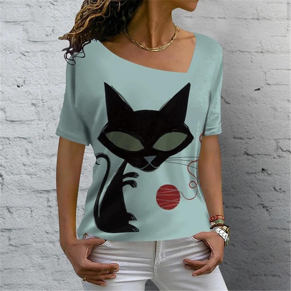 Sexy Scollo Obliquo Gatto Carino Stampa 3D Versatile T-shirt da Donna Vintage Harajuku Manica Corta Estiva Casual Abbigliamento Femminile